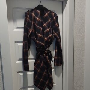 Black and Brown Trench Coat with Geometric Pattern and Wrap Style